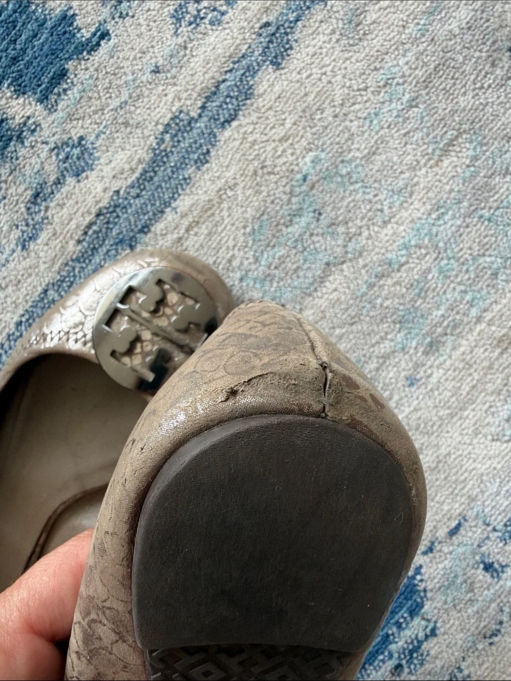 Tory Burch Metallic Taupe Logo Ballet Flats
